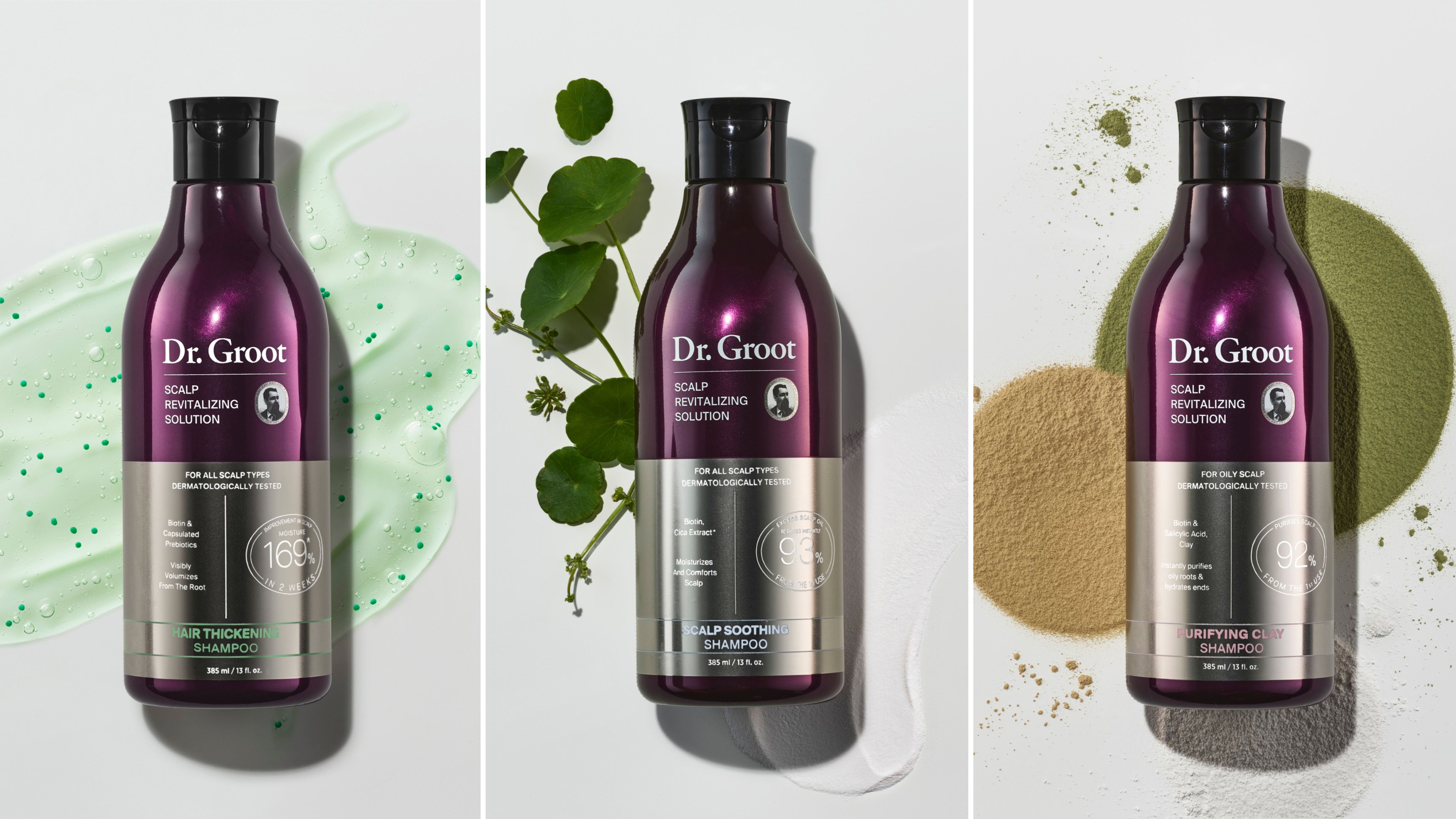 Three Dr. Groot Scalp Revitalizing Solution shampoos: Hair Thickening, Scalp Soothing, and Purifying Clay, each with background elements reflecting its key ingredients.