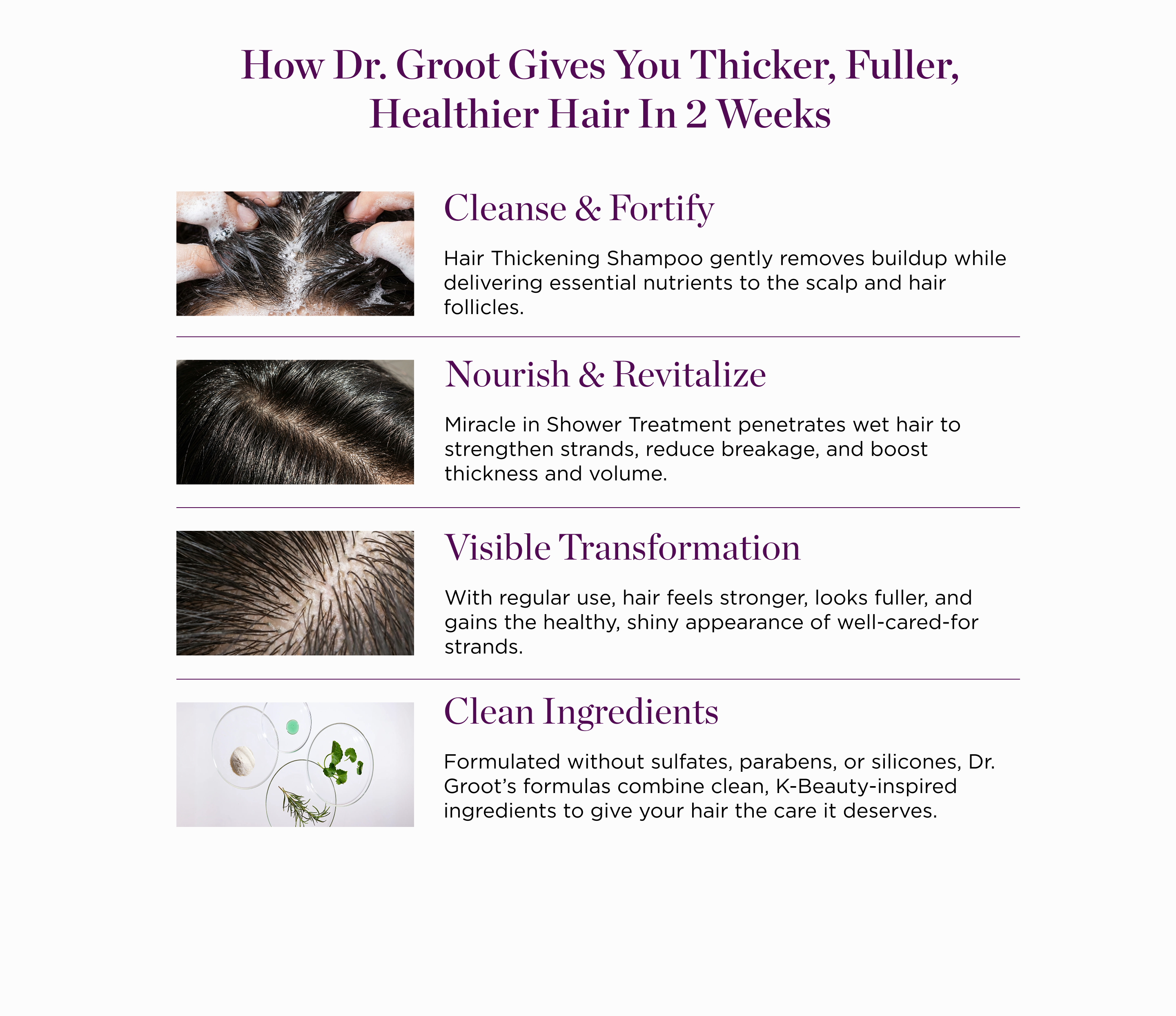 Dr. Groot infographic outlining a 4-step process for thicker, fuller, healthier hair in 2 weeks, with illustrative images.