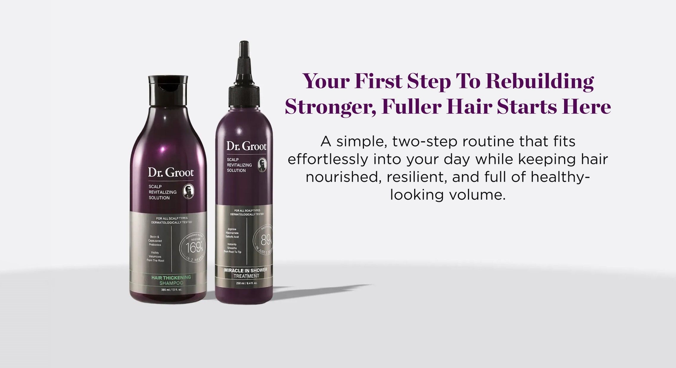 Dr. Groot shampoo and scalp revitalizing solution with text: "Your First Step To Rebuilding Stronger, Fuller Hair Starts Here."