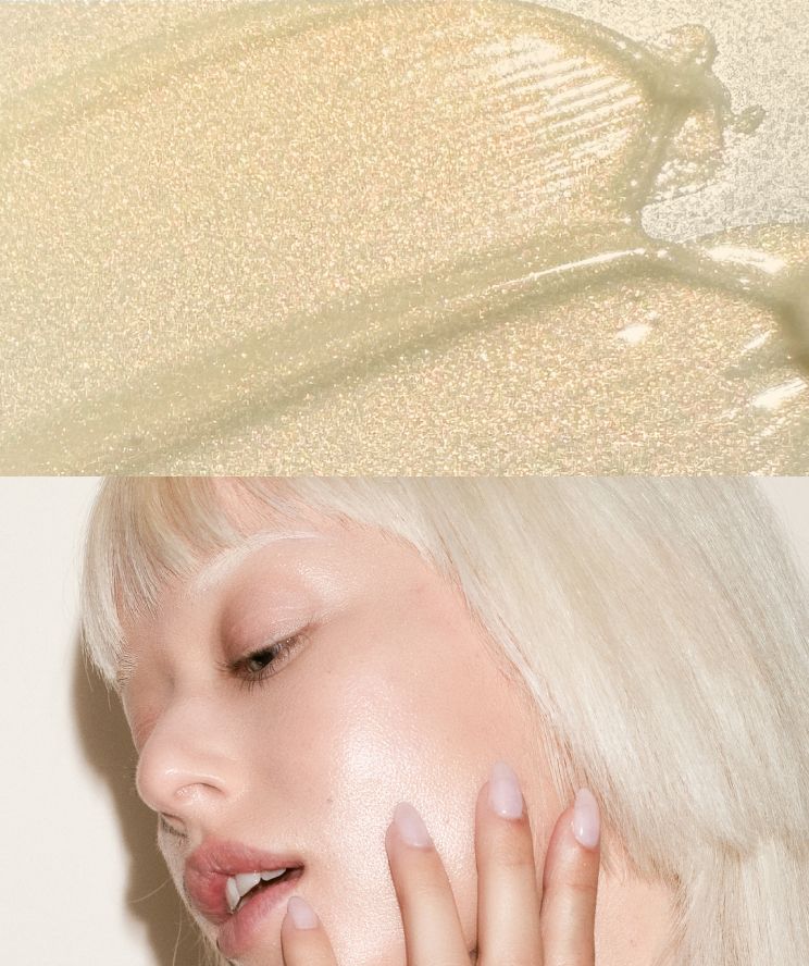 A side-by-side image of a texture closeup of gold, shimmery liquid, next to a woman showing the left side of her cheek and slightly touching her face on a white backgound.