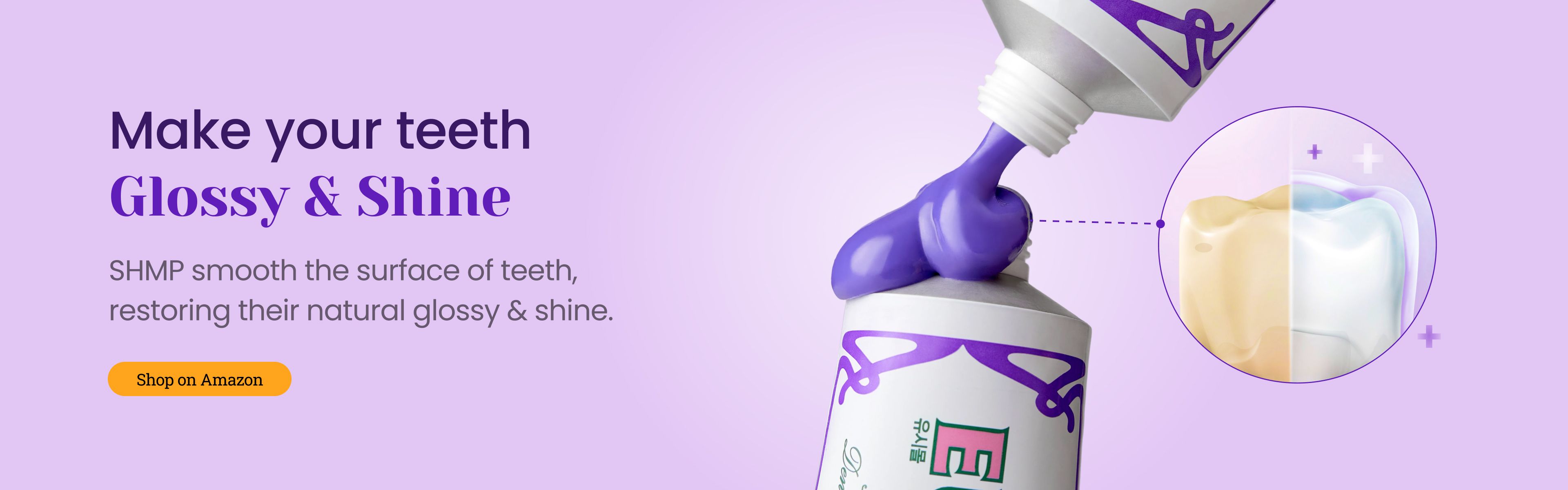 Purple teeth gloss product ad showing a tube of gel and a split tooth before-after image (yellow to white).