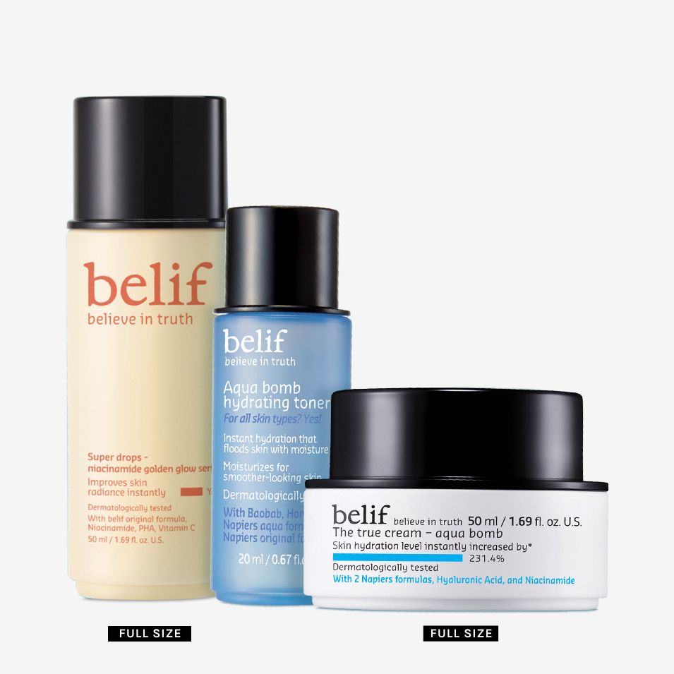 A silo image of belif products next to each other l to r:  Super Drops Niacinamide Vitamin C Glow Serum, Aqua Bomb Hydrating Toner, and True Cream Aqua Bomb with the text 'full size'' underneath the Glow Serum and Aqua Bomb.