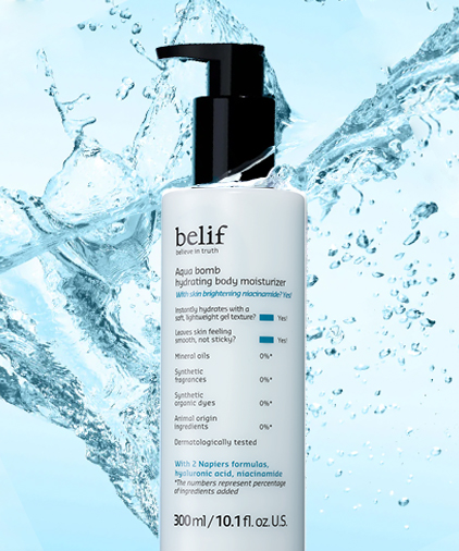A tube of belif Aqua Bomb Hydrating Body Moisturizer falling with a splash into a pool of water