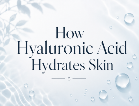 How Hyaluronic Acid Hydrates Skin text on a blue watery background with droplets.
