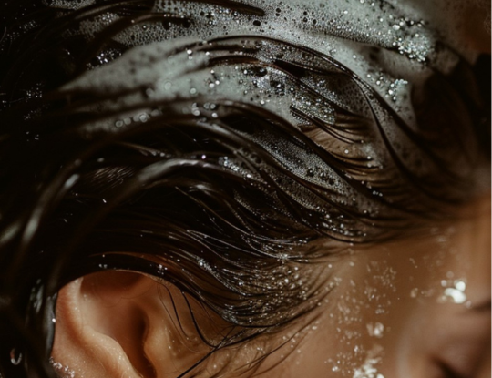 Close up image of dark, wet hair with white shampoo lather throughout and a woman's ear and closed eye visible.