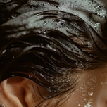 Close up image of dark, wet hair with white shampoo lather throughout and a woman's ear and closed eye visible.