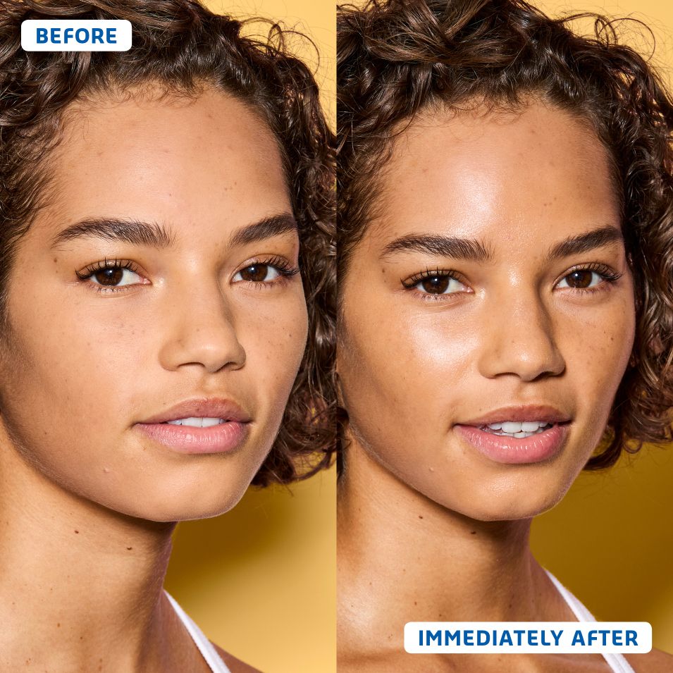 Two photos of a model - before and after using belif Moisturizing Eye Bomb - her sking on the "immediately after" photo looks incredibly clean and smooth