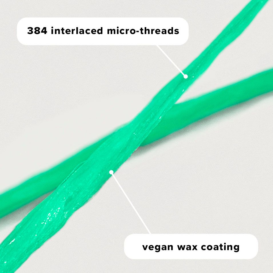 A green string of the Reach POP Peppermint Dental Floss on a light grey surface zoomed in to show the micro-threads, and black text over it "384 interlaced micro-threads" and "vegan wax coating"