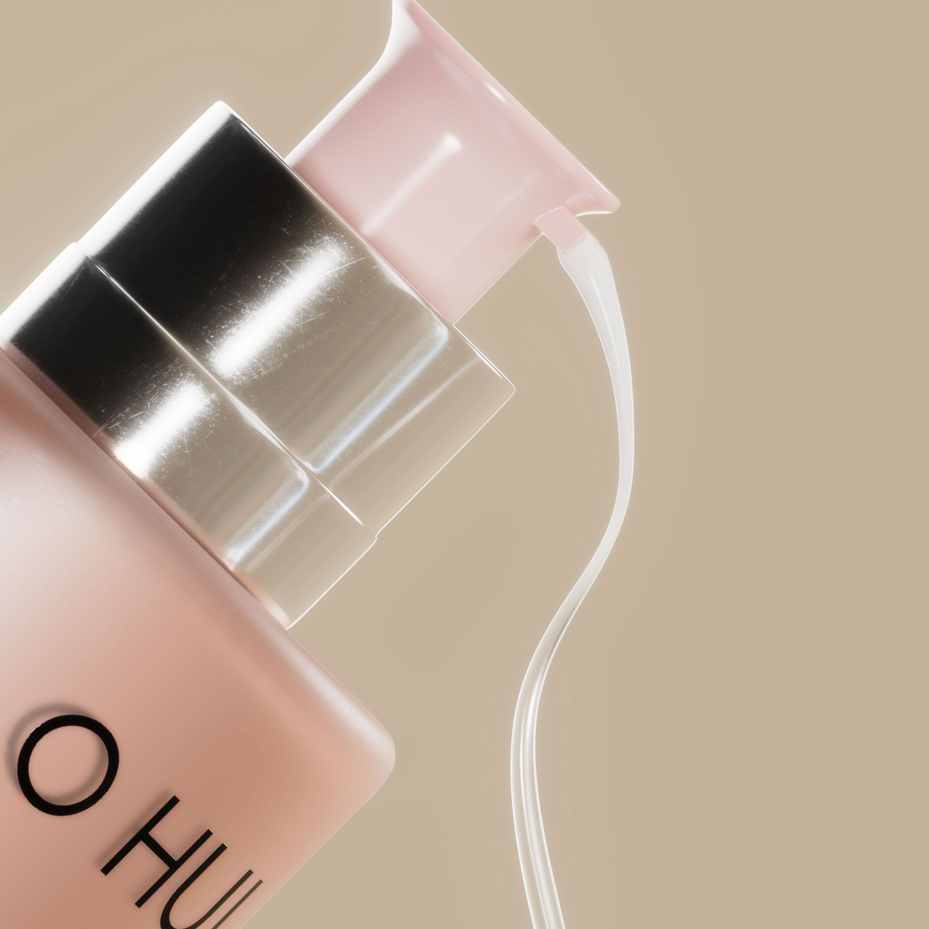 A closeup of a pink OHUI Miracle Moisture Emulsion bottle with product coming out of a silver pump.