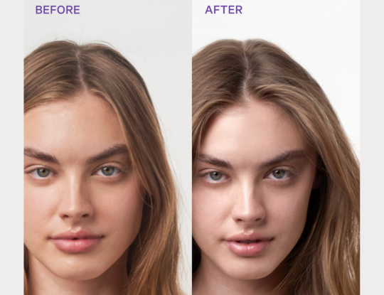 Before and after photos of a woman's hair part, showing improved hair thickness.