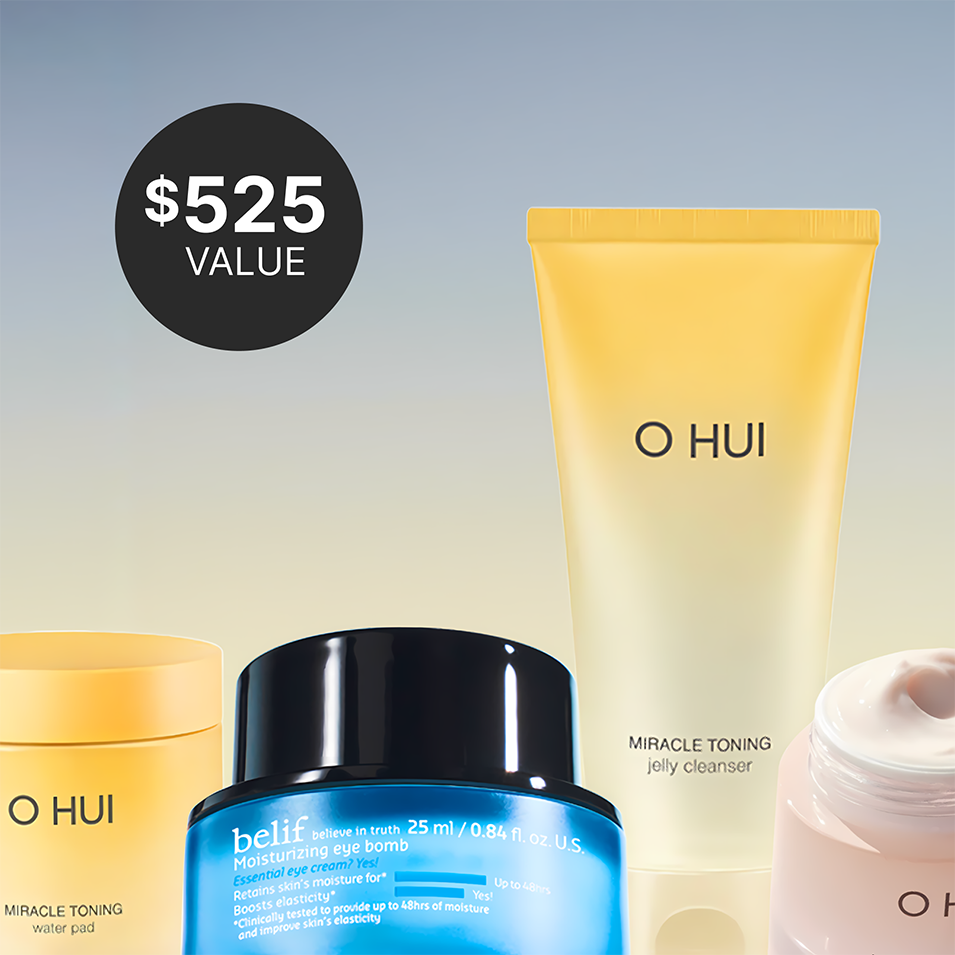 A selection of skincare products including tubes and jars from belif and OHUI products, displayed against a soft gradient blue and yellow background, and a ''$525 Value" seal in the corner.