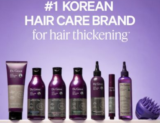 Eight purple Dr. Groot hair care products, including bottles, tubes, and a scalp massager, with text reading '#1 KOREAN HAIR CARE BRAND for hair thickening'.