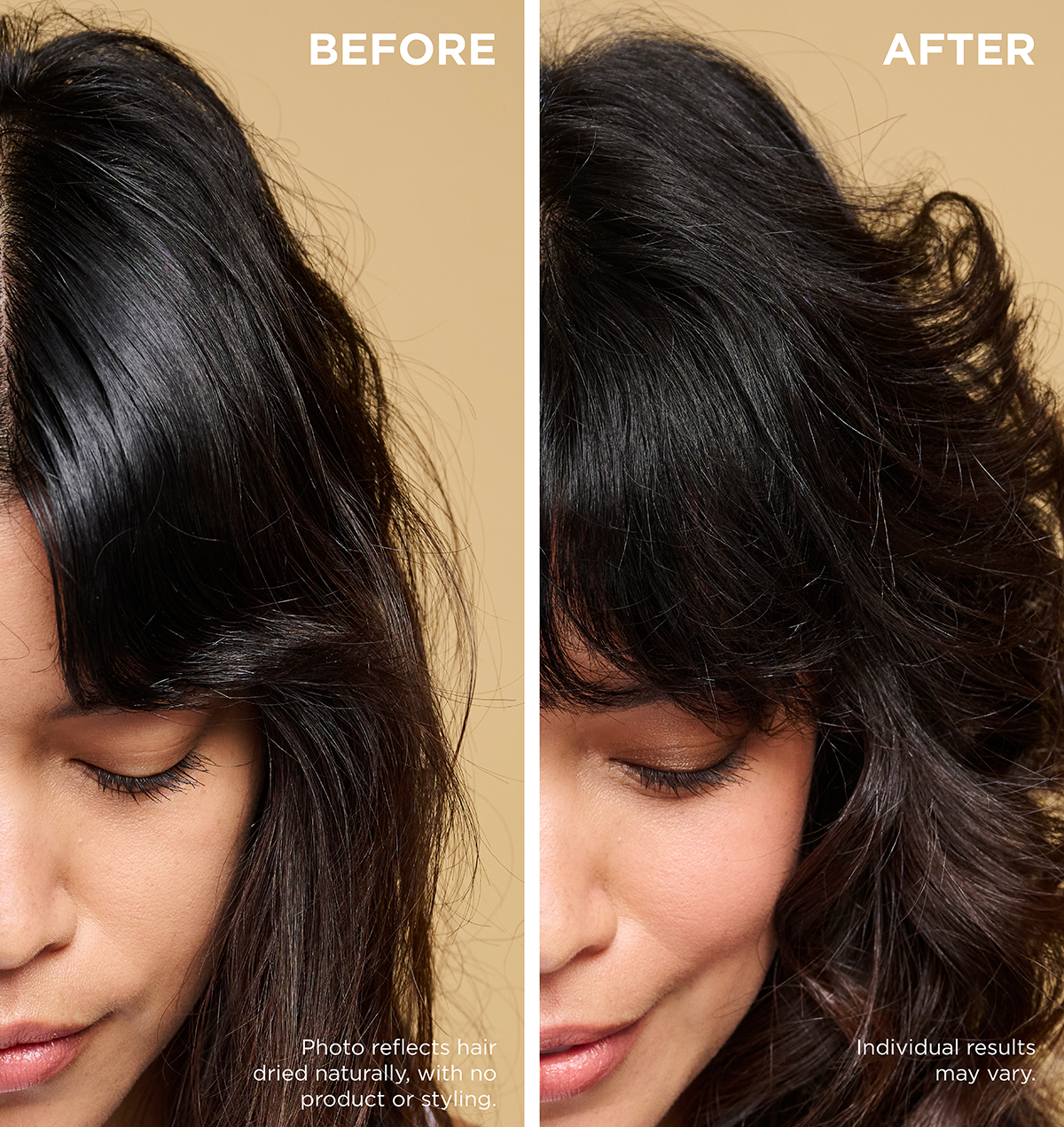 A before and after photo where the model's hair is notably fuller with more volume in the after photo.