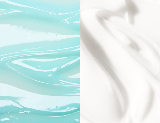 Side-by-side view of a rippled light blue gel and a smooth white cream.