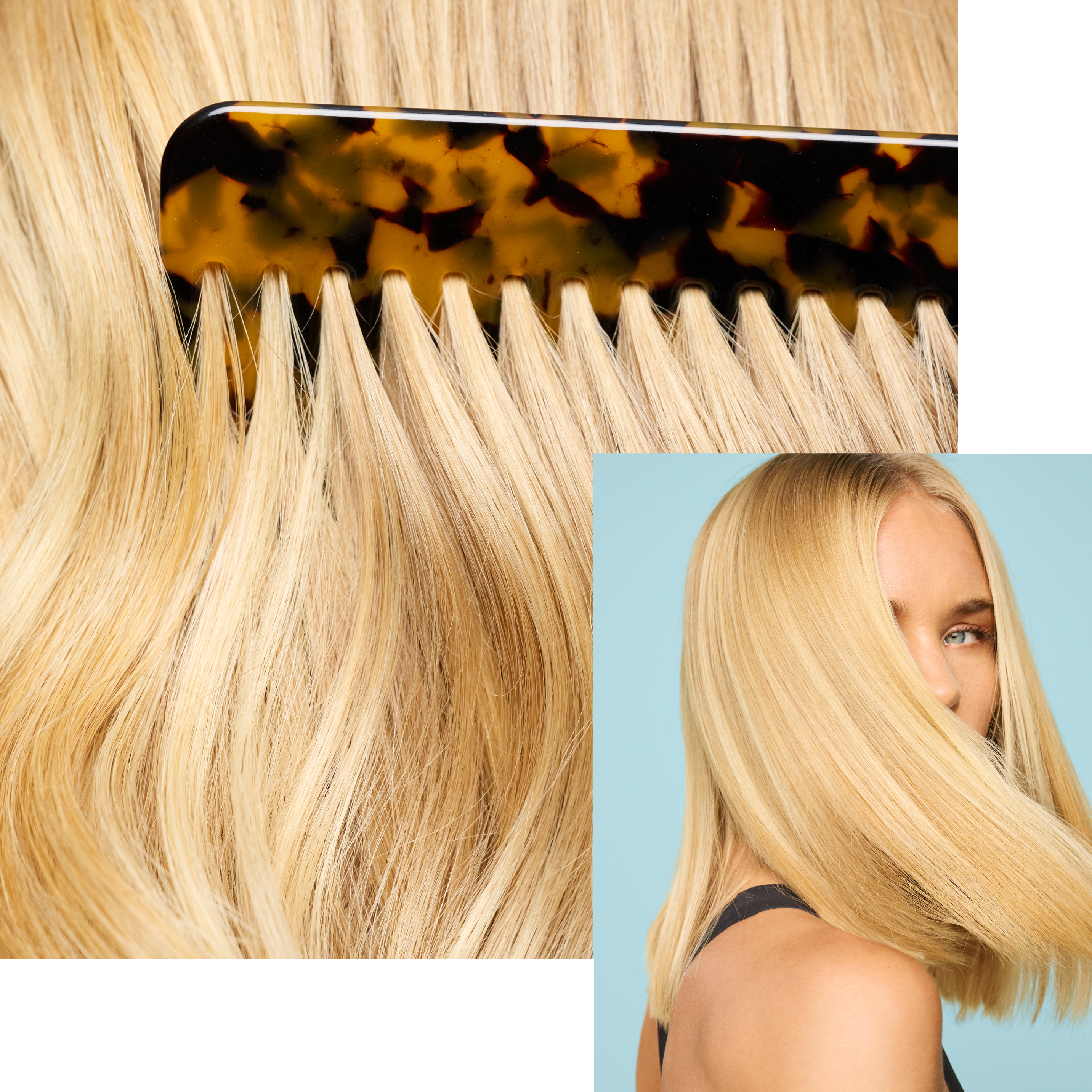 A collage of photos, one of which has a comb running through shiny blonde hair, and the other photo features a model with her hair waving around.