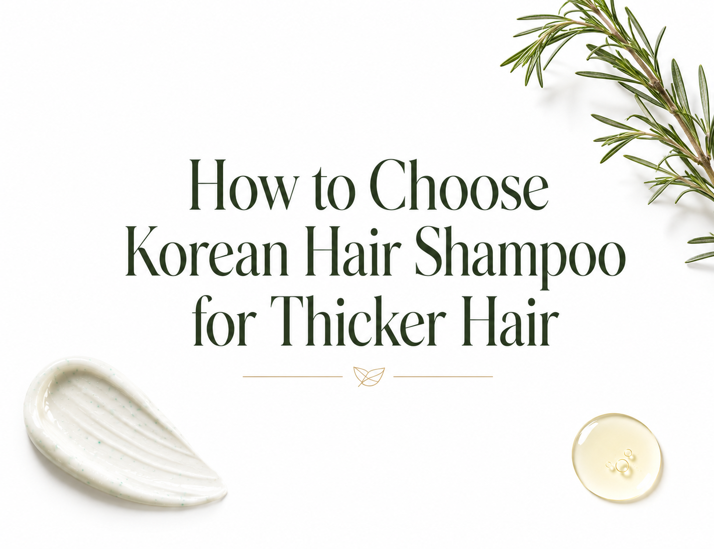 Text: How to Choose Korean Hair Shampoo for Thicker Hair, with rosemary, a cream swatch, and an oil drop.