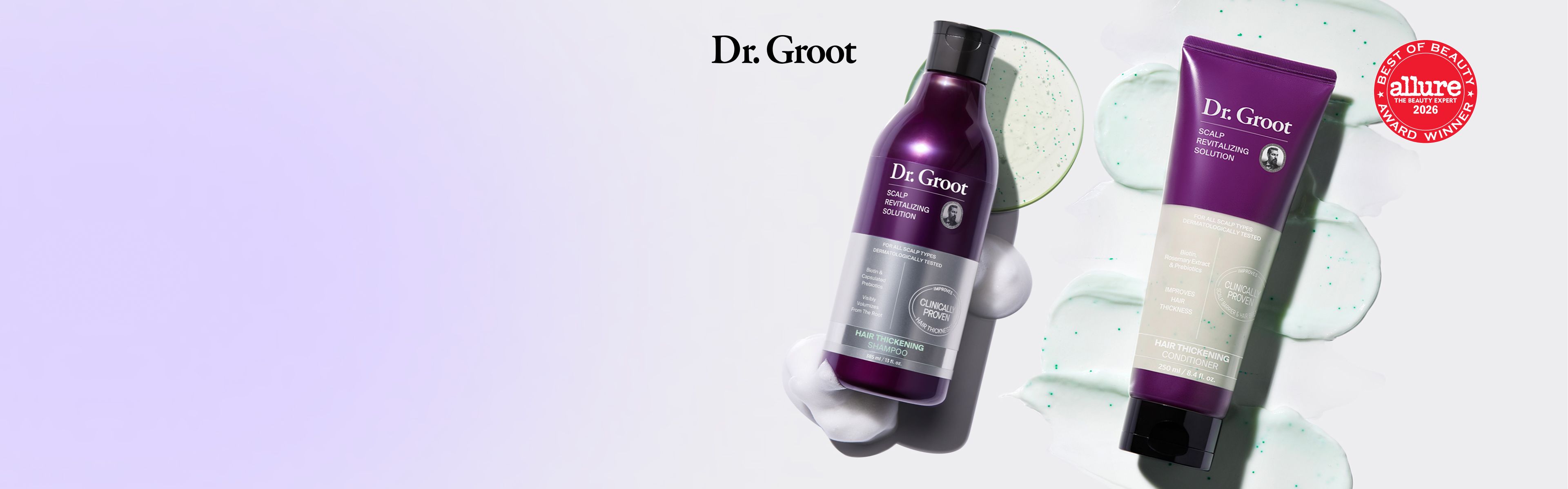 Dr. Groot shampoo bottle and conditioner tube in purple packaging with product smears and an Allure Best of Beauty 2020 seal.