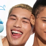 A joyful man winking and laughing, a woman next to him, and a blue water droplet mascot.