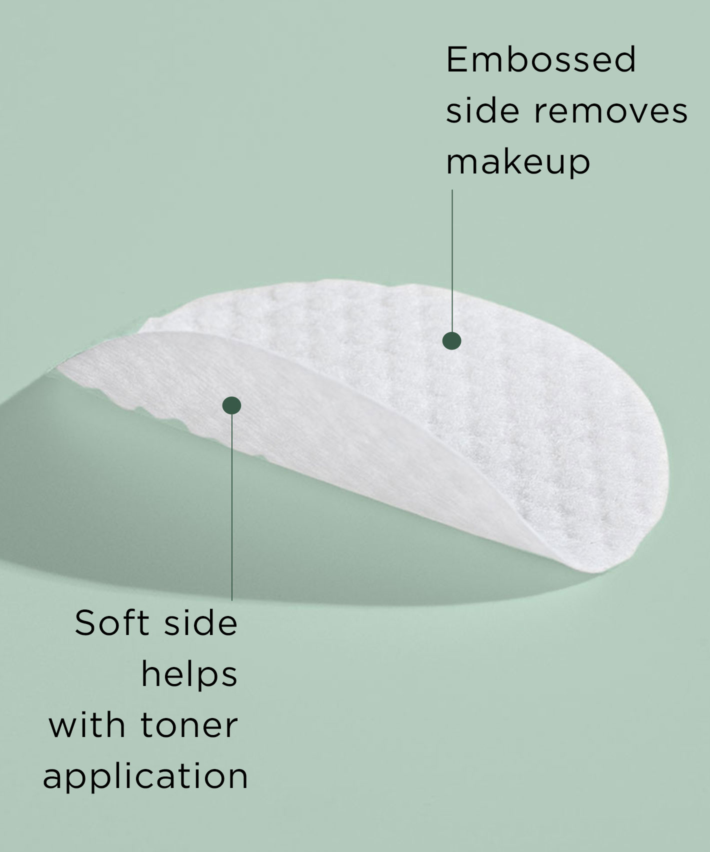 One The Face Shop Toner Pad bent in half lying on a ligth green surface and two phrases attached to it: "Embosed side removes makeup" and "Soft side helps with toner application"