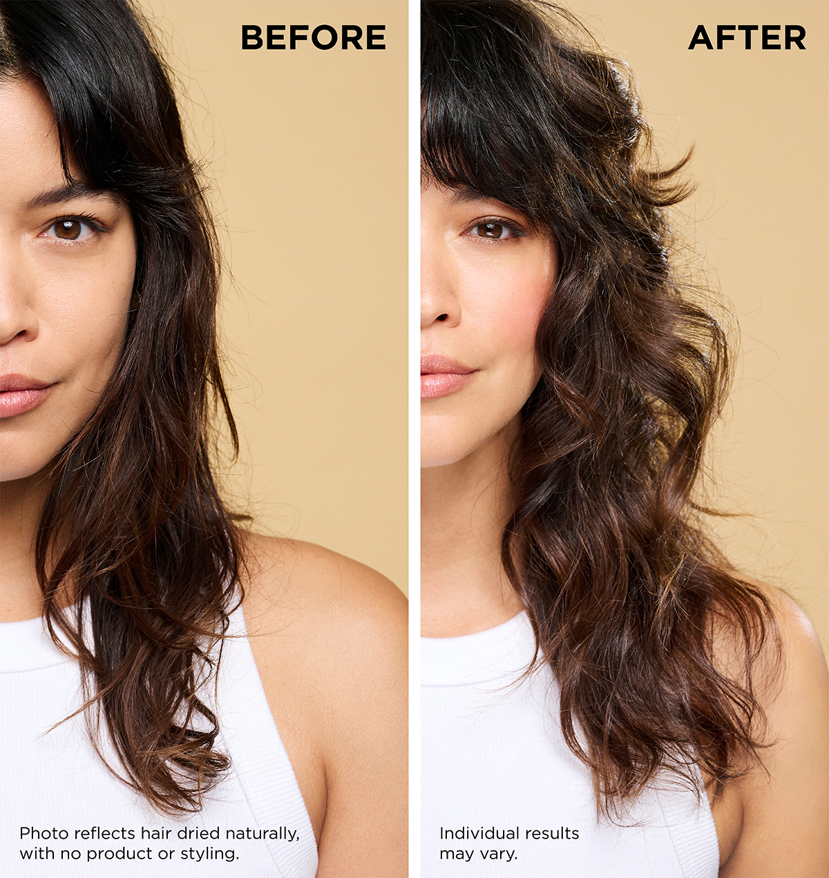 A before and after photo where the model's hair is notably healthier with more volume and shine in the after photo.