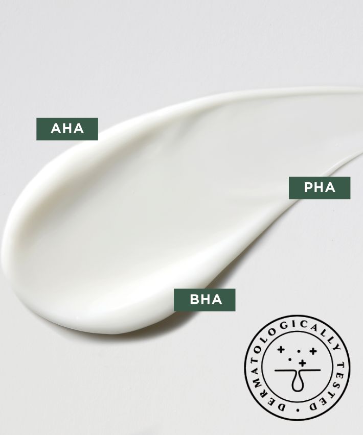 A white spread of The Face Shop Tea Tree Pore Cream on a white surface with three abbreviations over it - AHA, PHA, BHA, and a stamp saying "Dermatologically tested"