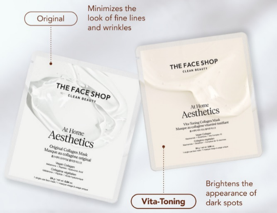 Two "The Face Shop Clean Beauty At Home Aesthetics" collagen masks: 'Original' for fine lines and 'Vita-Toning' for dark spots.