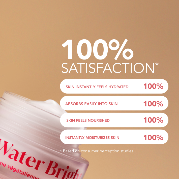 Image of a skincare product called The Face Shop Rice Water Bright Vegan Cream with text highlighting "100% Satisfaction" and benefits like smoother skin texture and nourishment. Background in soft pink.