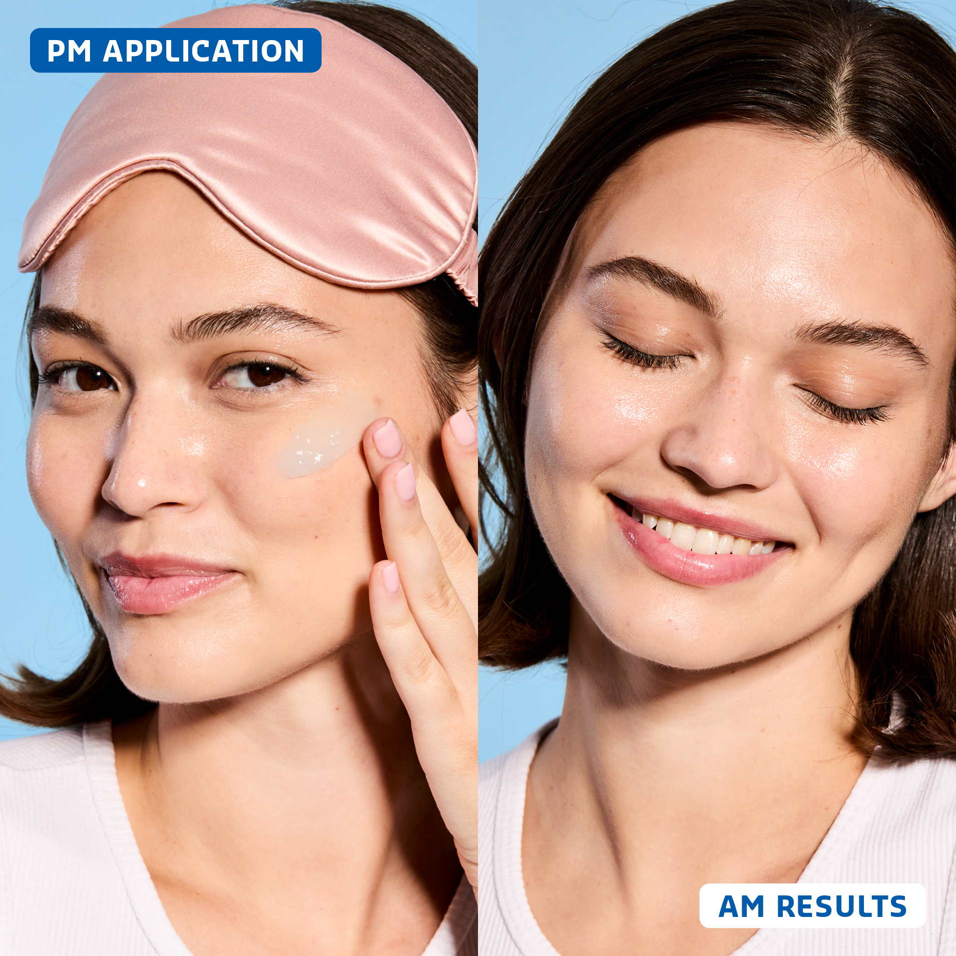 Two photos of a model: one one of them she's looking right at the viewer with her sleeping mask on her forehead. applying belif Aqua Bomb Sleeping Mask; on the other one, she's smiling with her eyes closed and her skin is looking perfect