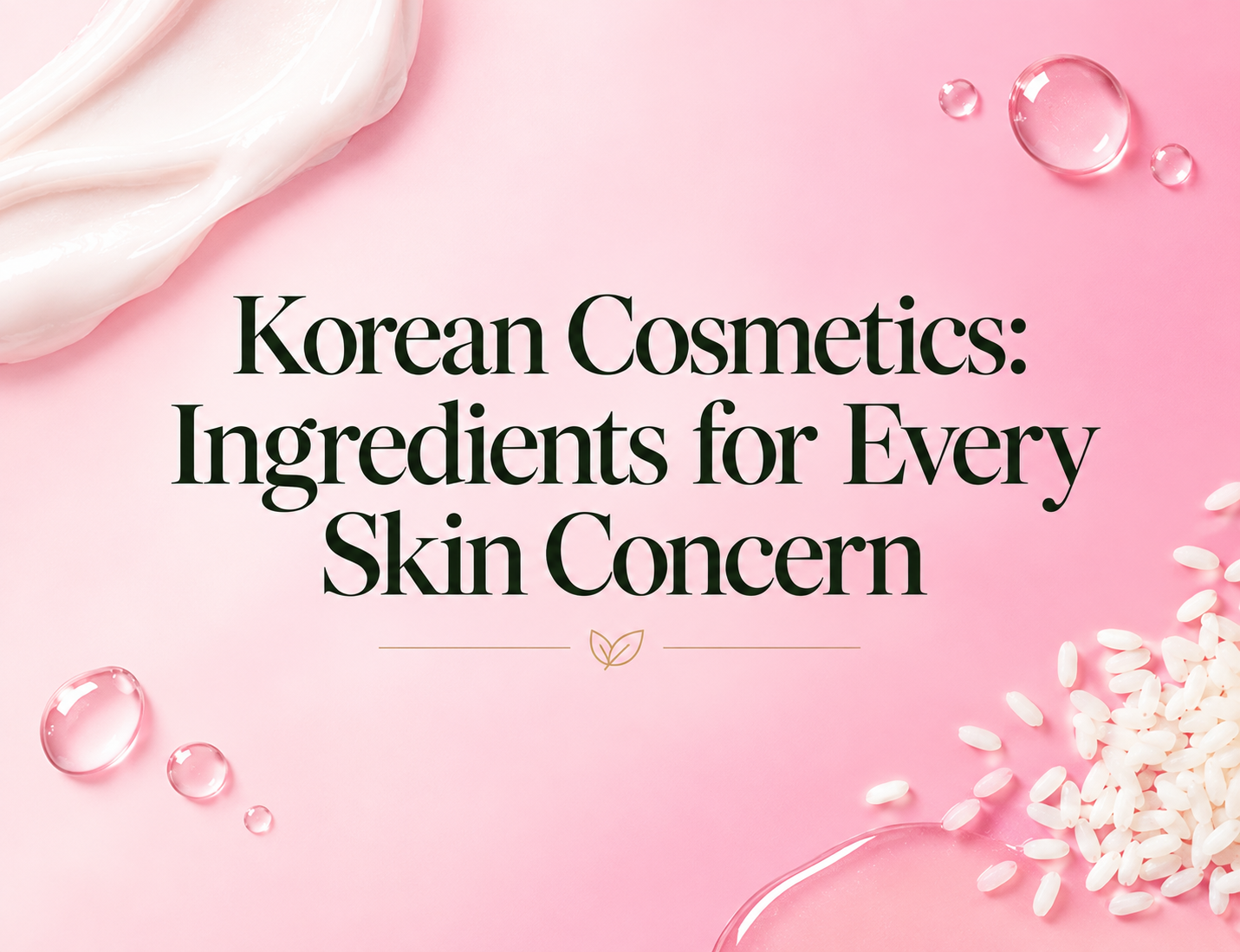 Pink background with text "Korean Cosmetics: Ingredients for Every Skin Concern," surrounded by cream, clear liquid droplets, and rice grains.
