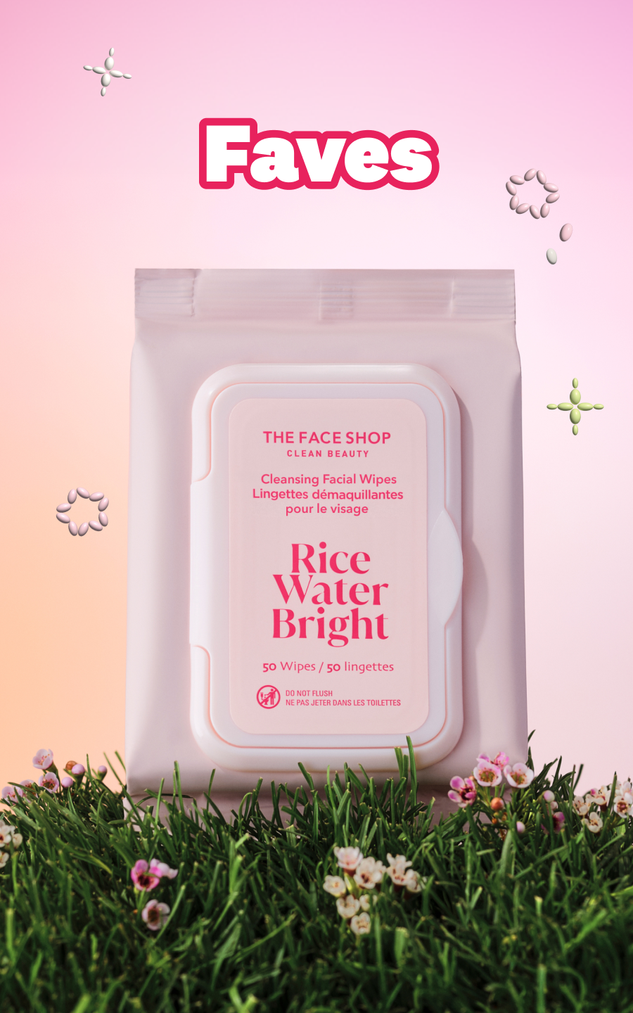 THE FACE SHOP Rice Water Bright facial wipes on green grass with small flowers, set against a pink and peach background, with 'Faves' written at the top.