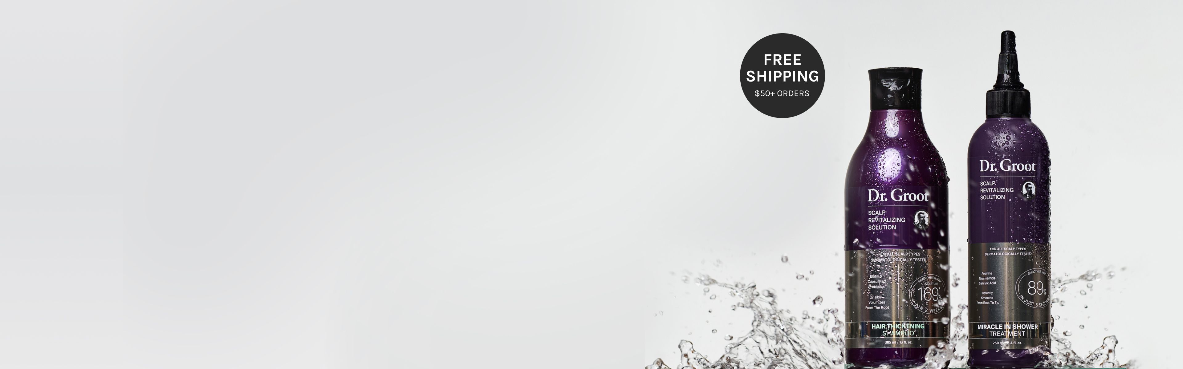 Two purple Dr. Groot hair care bottles with water splashes, and a "Free Shipping" tag.