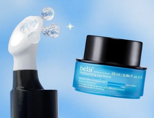 A Belif Moisturizing Eye Bomb jar next to a Belif Aqua Bomb Eye Gel with three clear spheres.