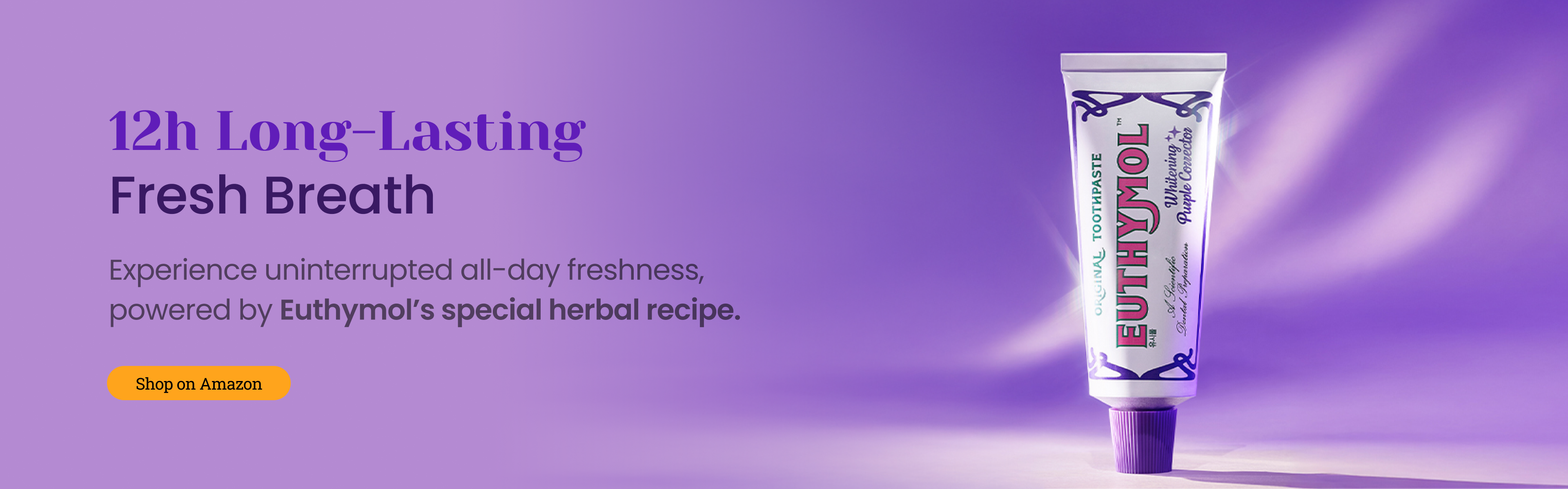 A white Euthymol toothpaste tube with a purple cap on a purple background, next to text saying "12h Long-Lasting Fresh Breath" and a "Shop on Amazon" button.