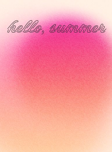 A pink, orange, and yellow gradient image featuring the words ''hello summer'' in a bubble font text.