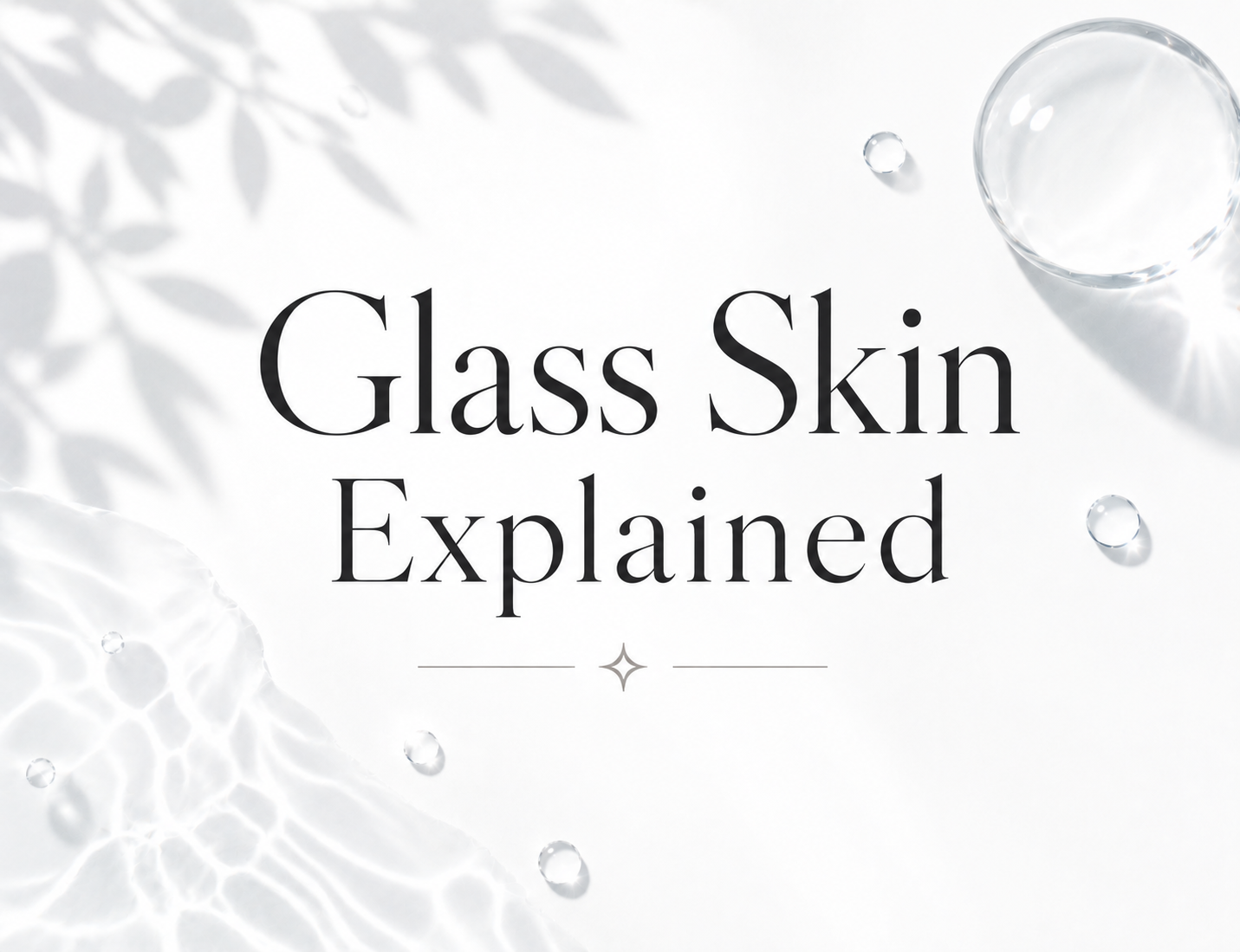 Text "Glass Skin Explained" on a white background with water ripples, droplets, and leaf shadows.