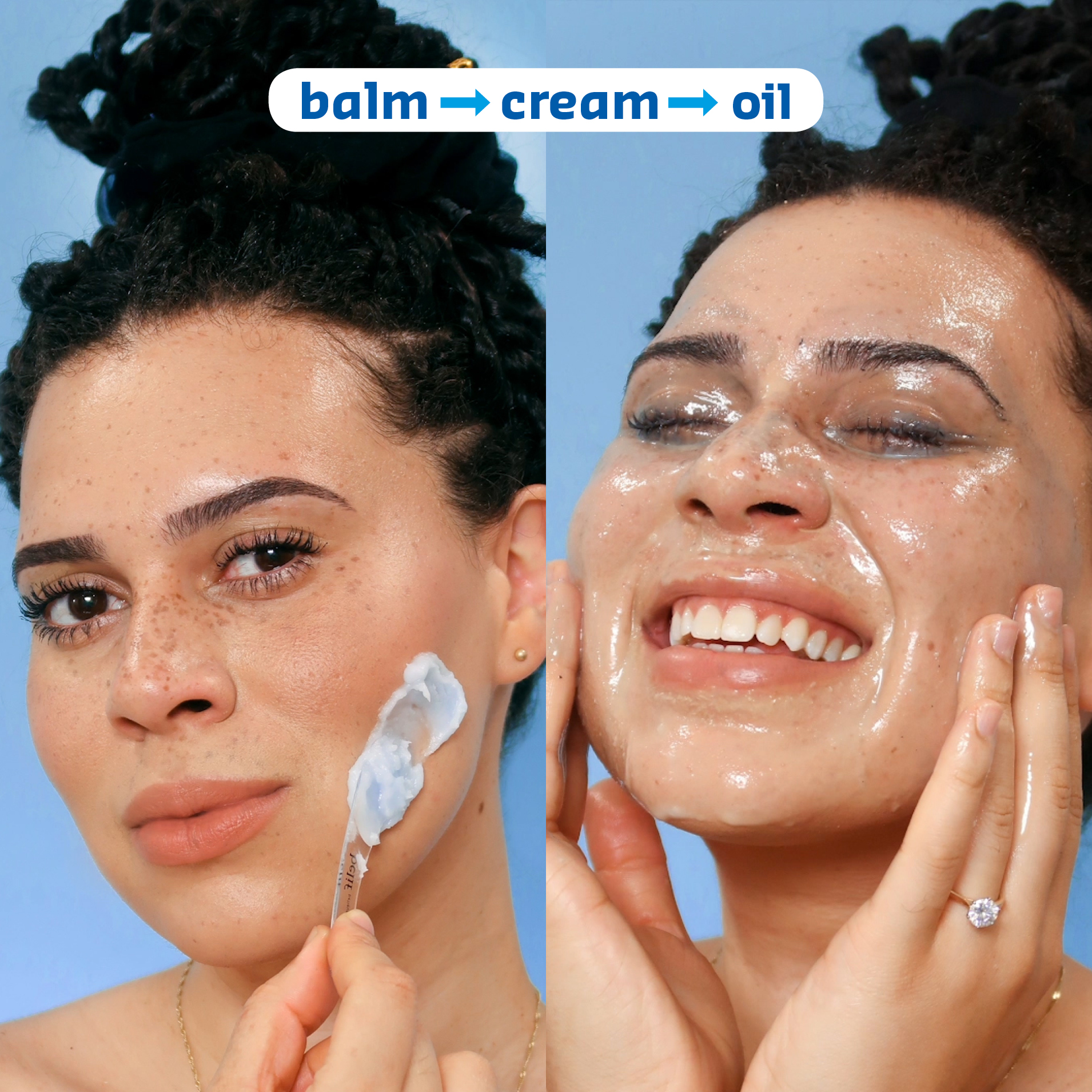 Two photos of a model: in the first one she's looking right at the viewer, applying a bit of balm to her cheek; on the second one, she's smiling with her eyes closed and her chin up a bit and applying oil to her face