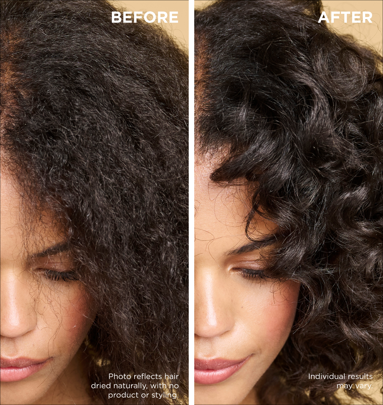 Side-by-side images showing a woman's hair transformation: the "Before" image displays frizzy hair, and the "After" image shows well-defined, moisturized curls. Text notes individual results may vary.