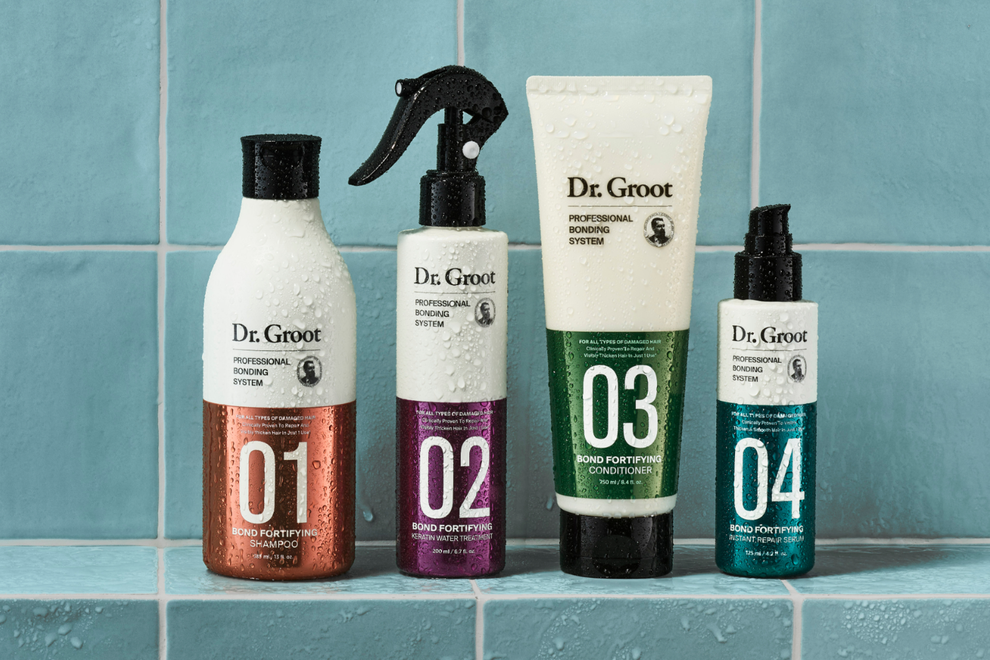 The full collection of Dr. Groot Professional Bonding System products rest on a bathroom shelf.