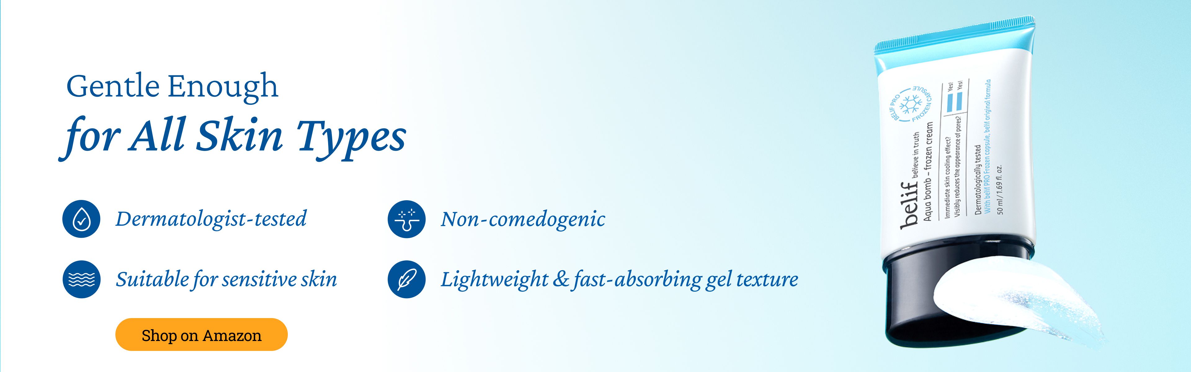 Ad for Belif Aqua Bomb gel cream, stating "Gentle Enough for All Skin Types," with the product tube and a "Shop on Amazon" button.