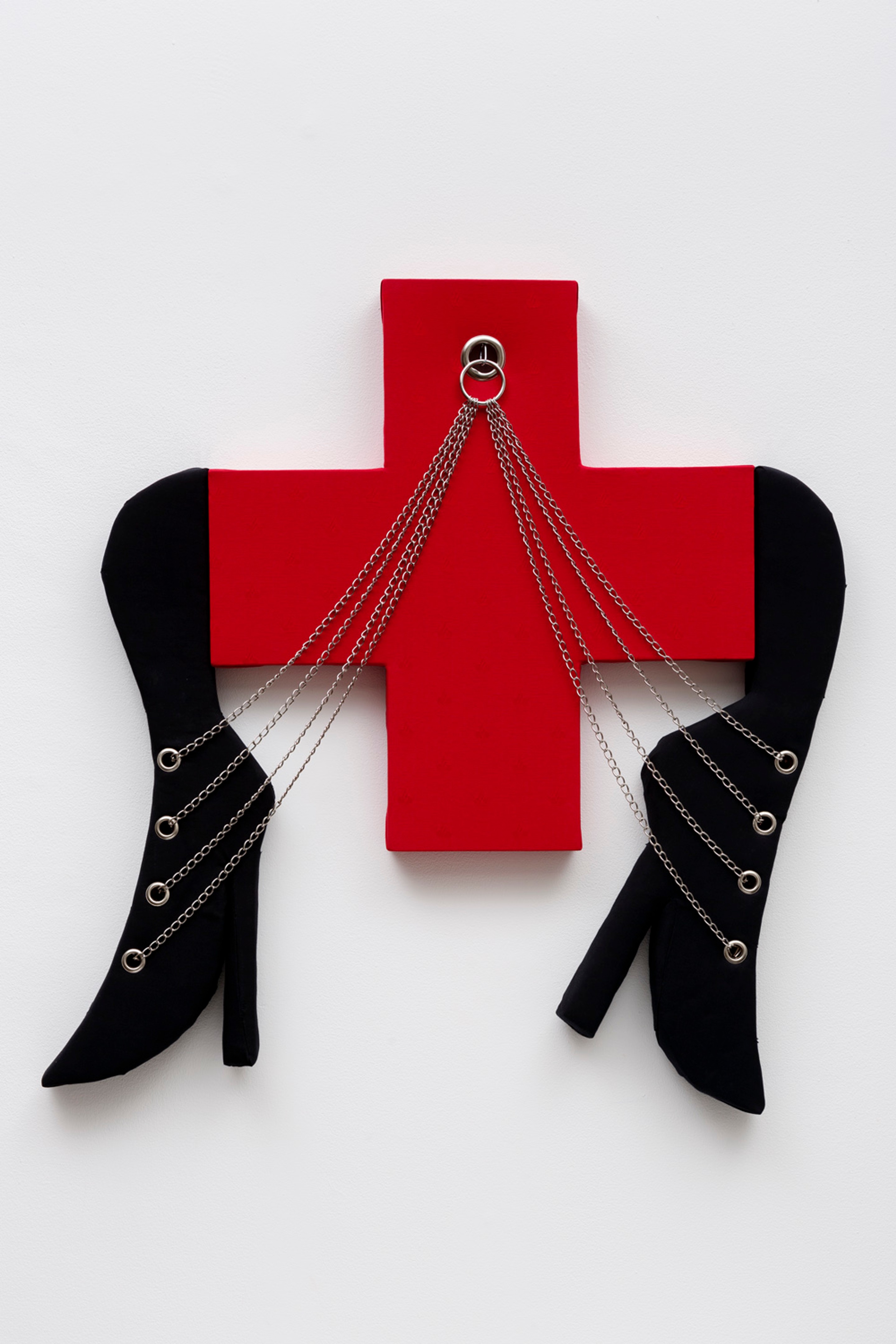 Flying Icarus Donation Box with Bells (2019)
Fabric, canvas, hardware, chain on shaped panel

43.75h × 37w 2.5d inches (111.5h x 94.5w x 6.5d cm)