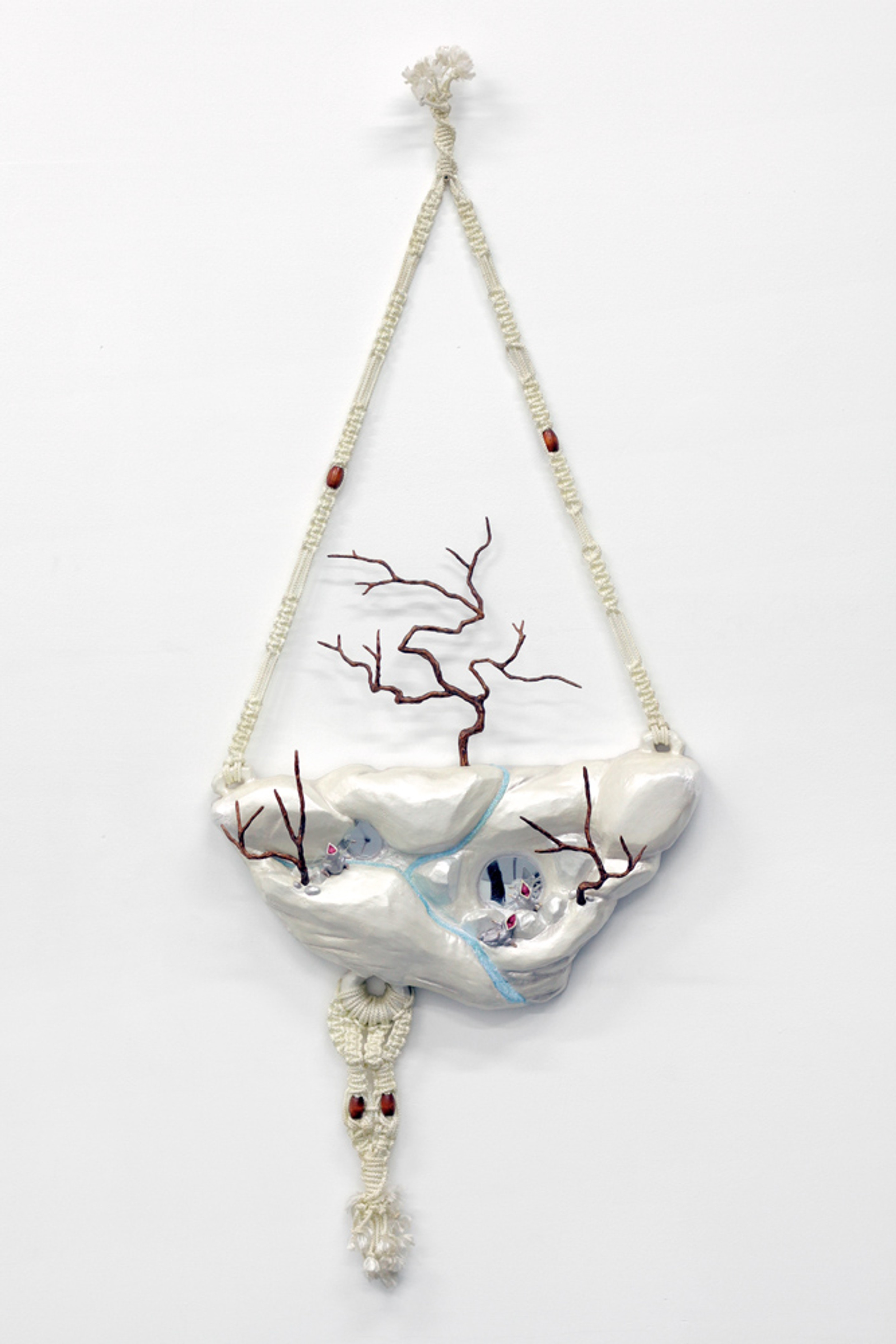 Mindy Rose Schwartz, After Falling Out of their Nest, Baby Birds Land on the Face of a Cliff. Weary and Confused, Their Lives Hang in the Balance. (2005) Wood, foam, plaster, wire, rope