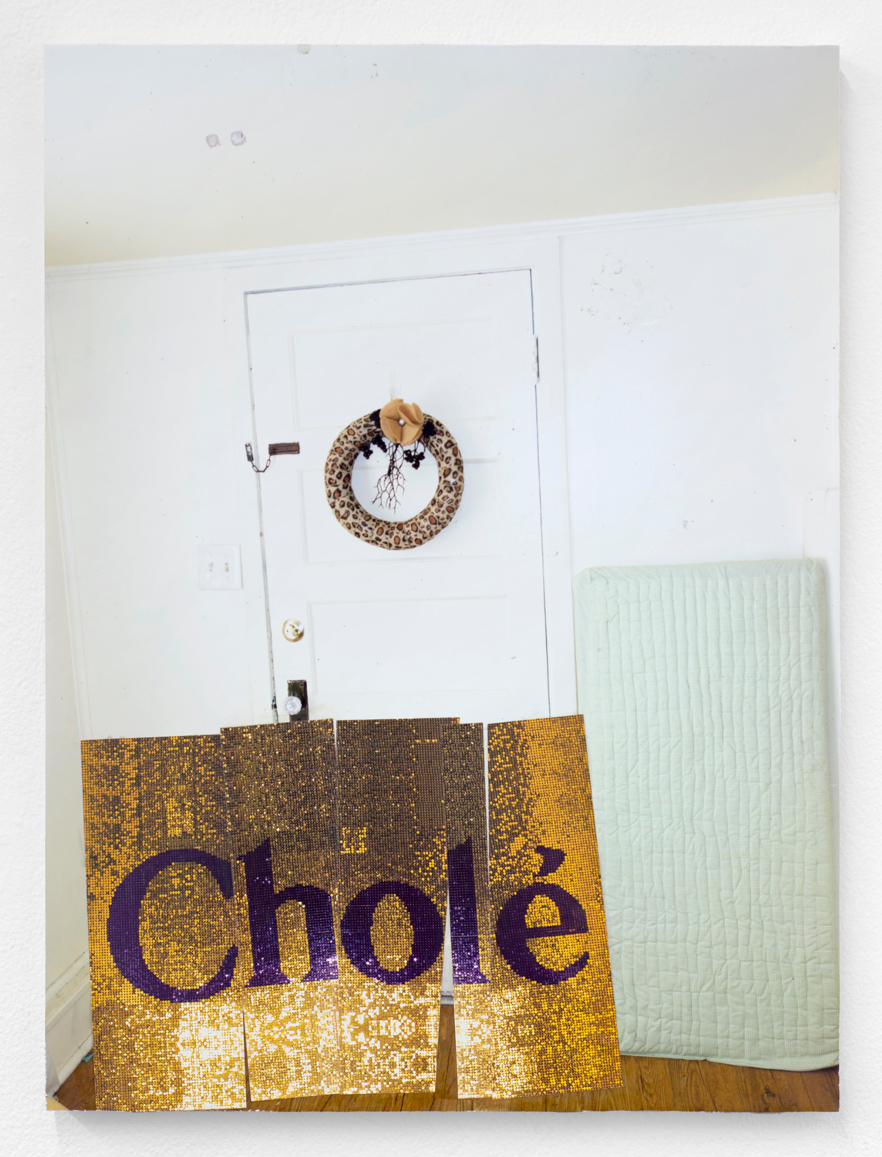 Chole Home (2017). Wood panel, paper, poster print. 24h x 18w inches (61h x 46w cm)