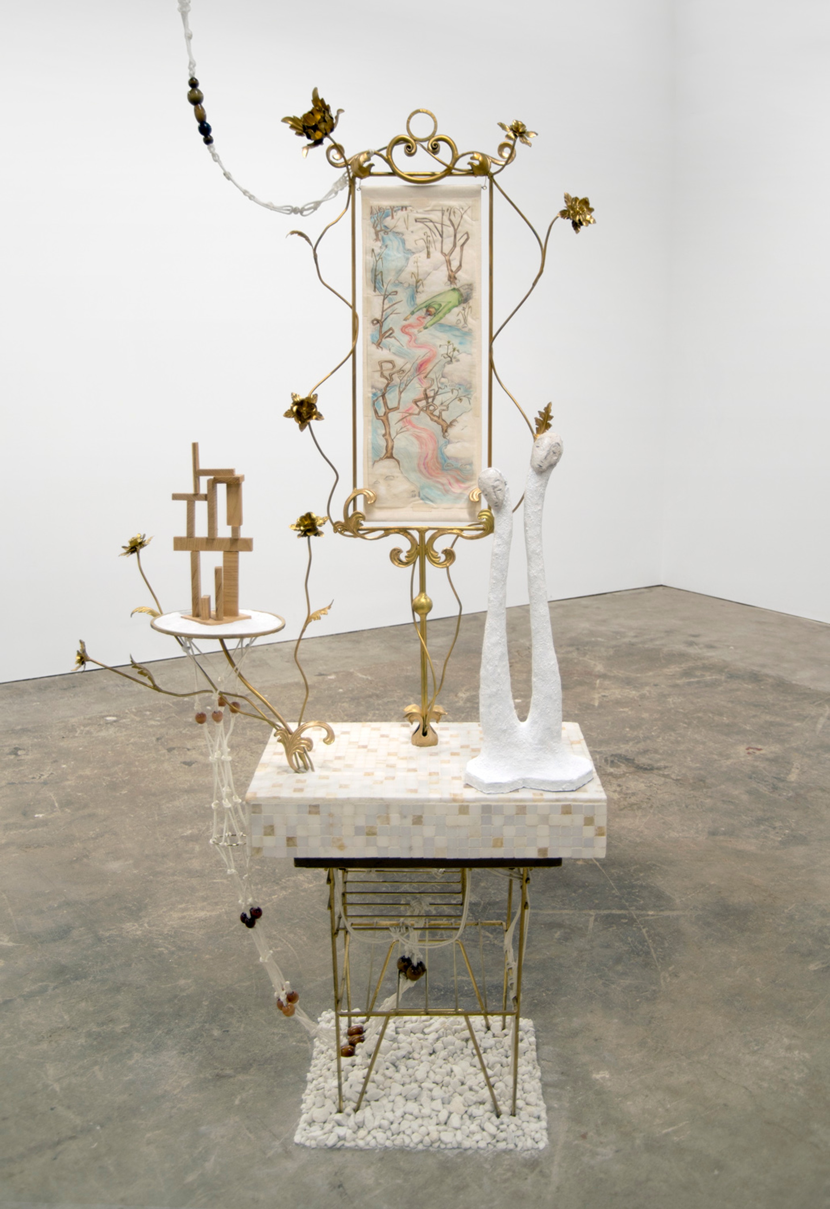 Mindy Rose Schwartz, Before (2008). Pencil and ink on mulberry paper mounted on linen; welded steel, papier mâché, wood, mosaic, nylon rope, wooden beads, sand, rocks.