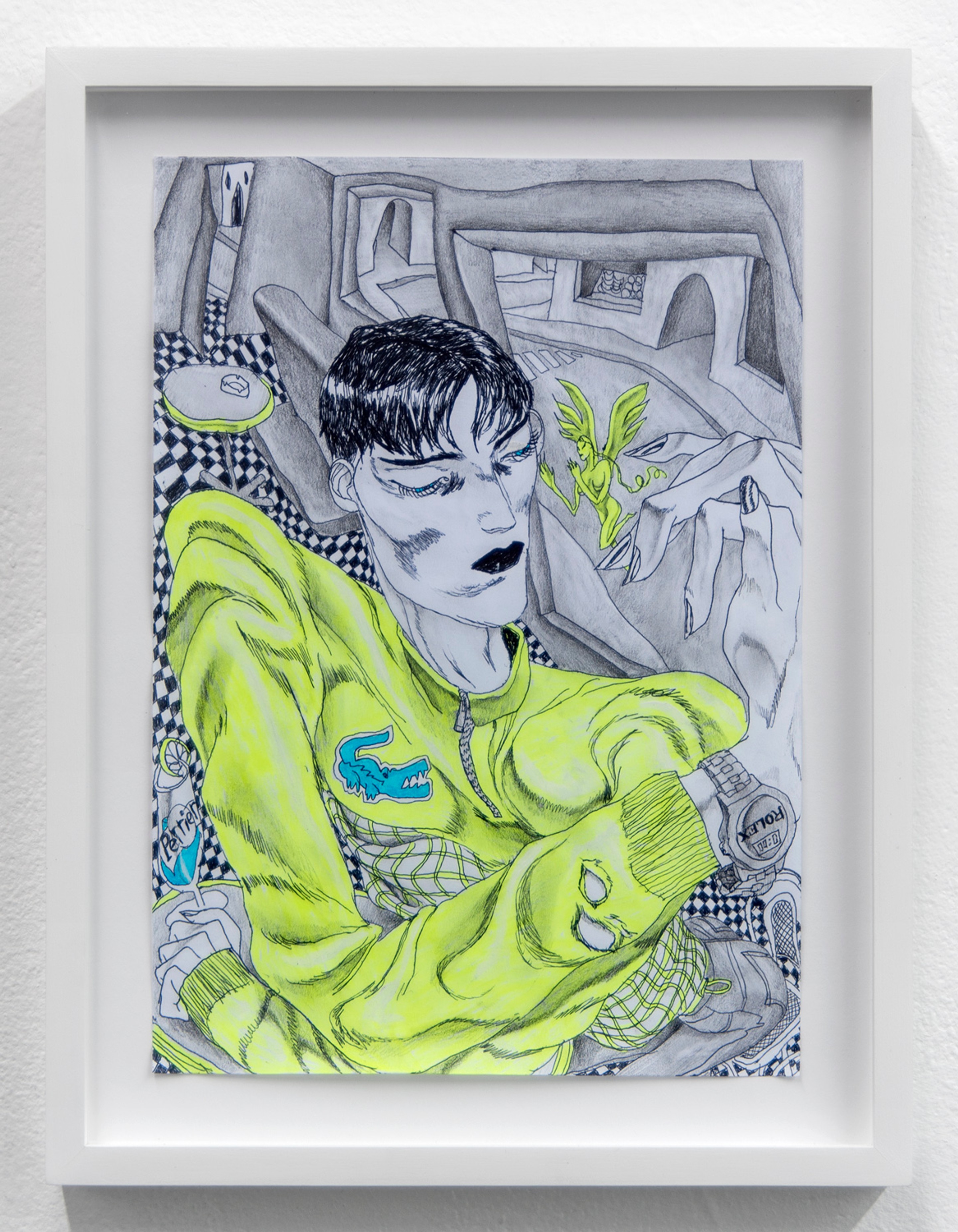 David Rappeneau, Untitled (2017)
Acrylic, ballpoint pen, pencil, charcoal pencil and fluorescent marker on paper. 11.75h x 8.25w in
