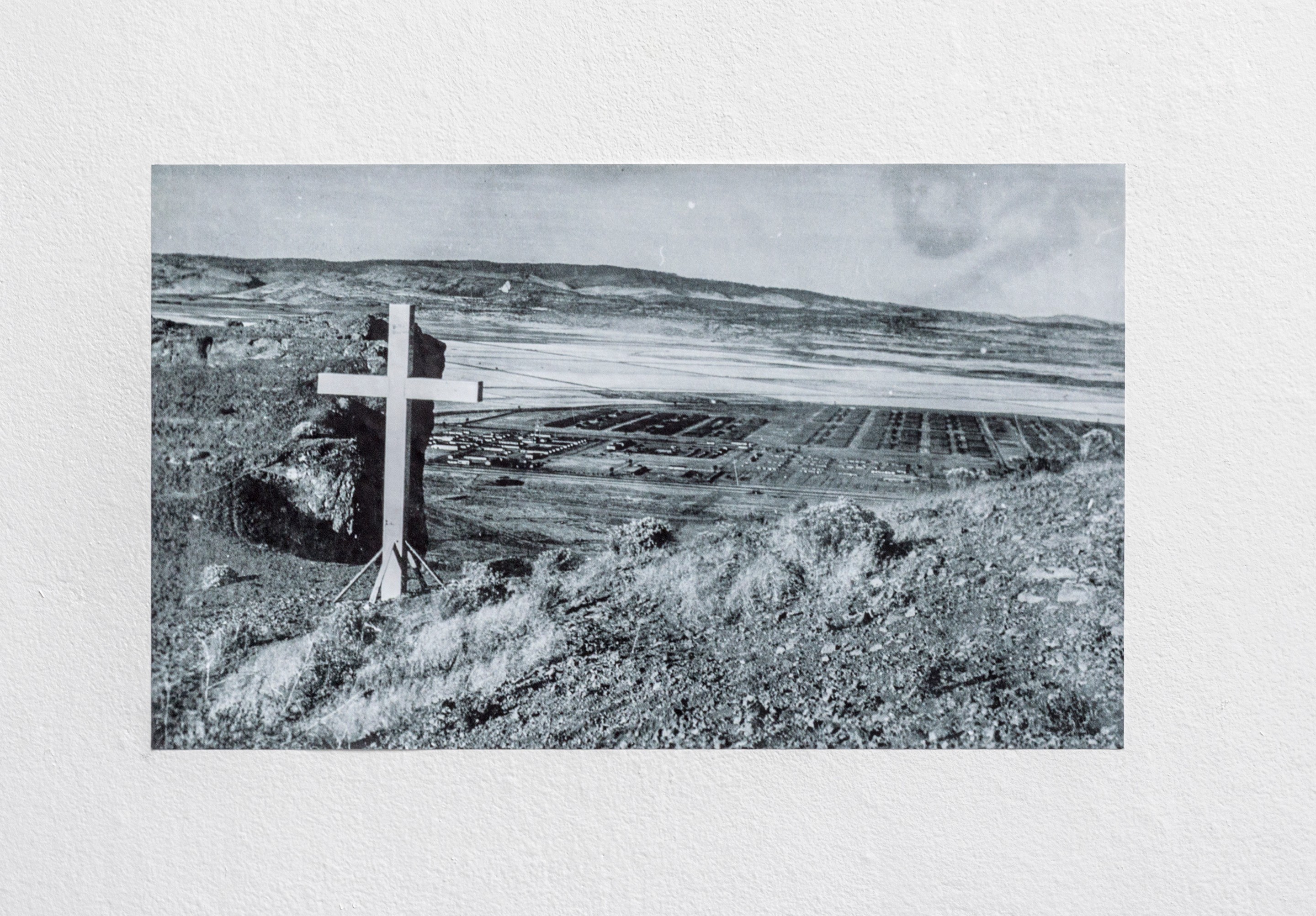 Cross Overlooking Tule Lake (Tule Lake Pilgramage) (2019)
Print on vinyl. 

6.75h x 10.75w inches