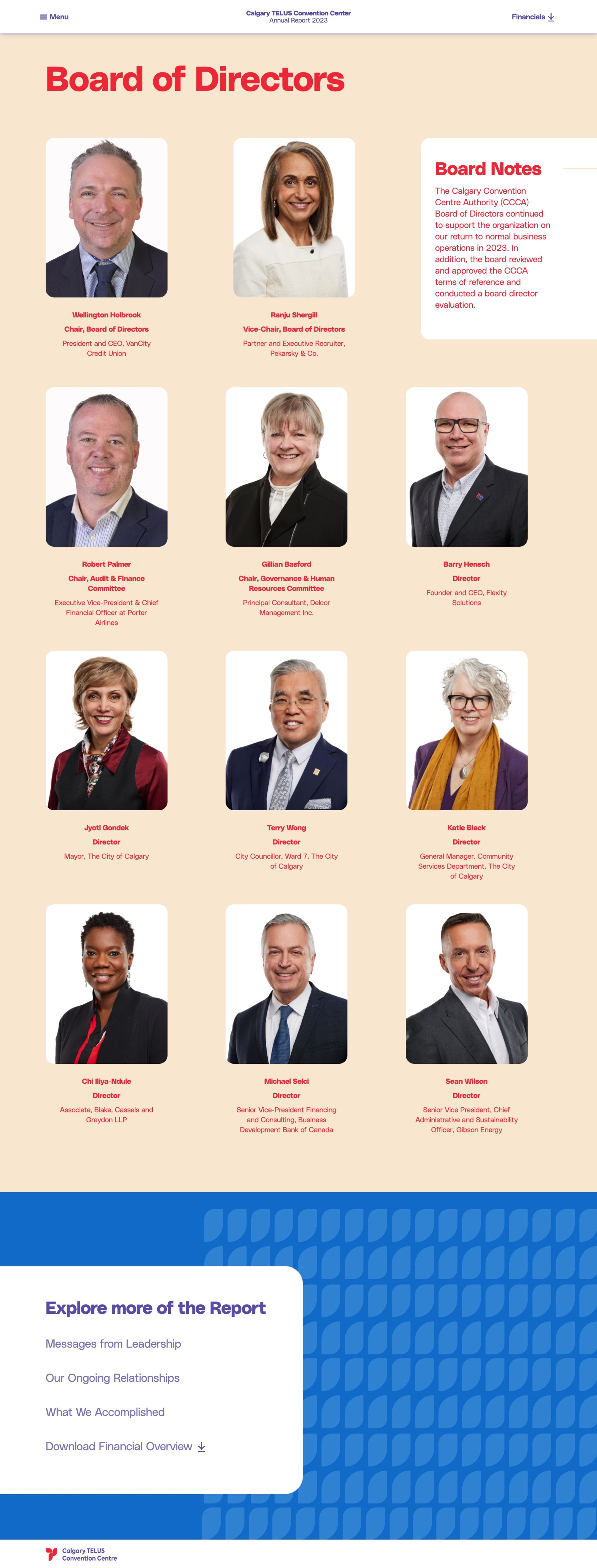 Board of Directors page showcasing professional portraits of the CTCC board members, each with their name and title. A highlighted ‘Board Notes’ section on the top-right provides additional context and extends to the right edge of the page.