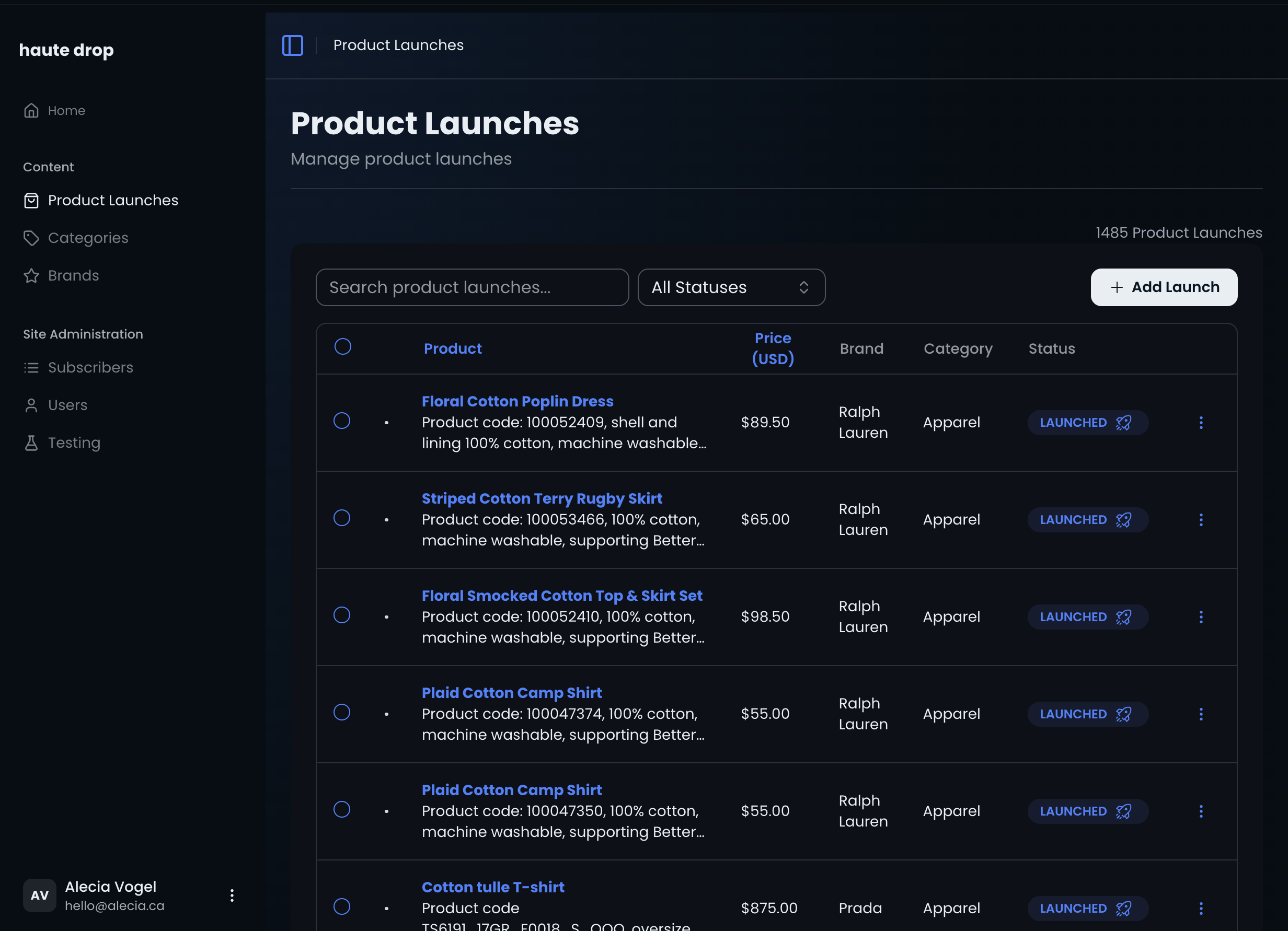 A view of the product launch dashboard