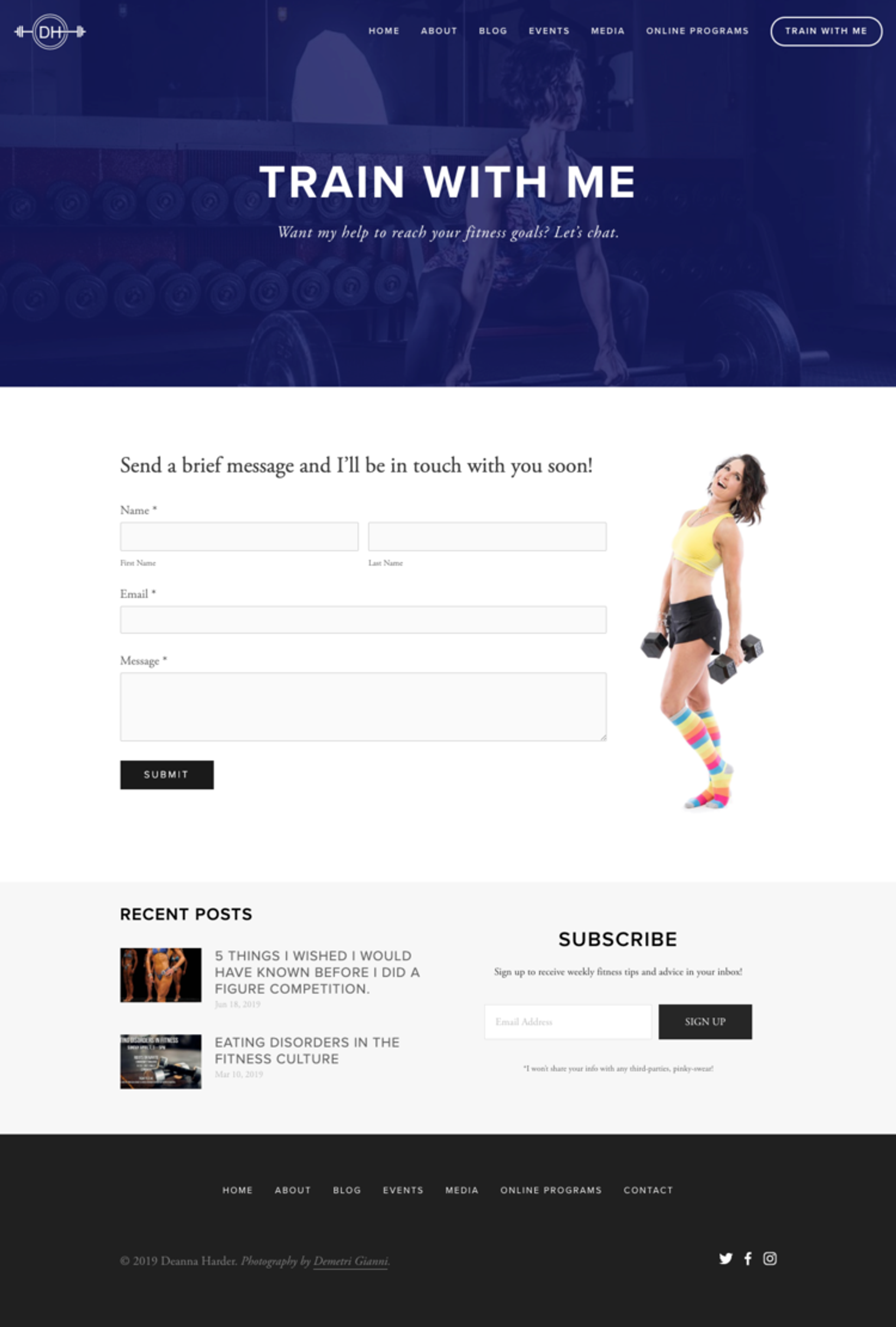 Redesigned Contact page for Deanna Harder Fitness, featuring a bold header image of Deanna lifting weights in a gym, overlaid with the title ‘Train With Me’ and a tagline. Below the header, a clean and simple contact form is displayed, accompanied by a bright, vibrant photo of Deanna holding dumbbells in colorful rainbow socks. The page includes recent blog posts and a subscription form at the bottom.