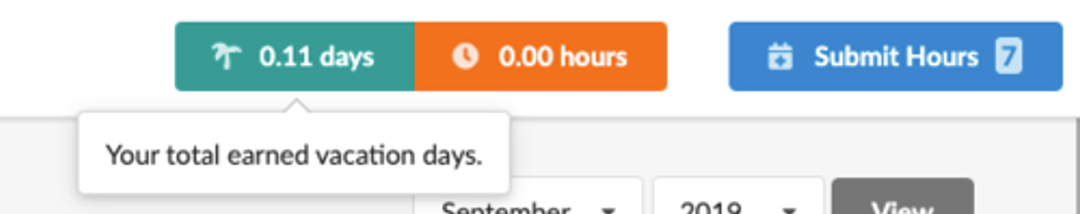 New fixed header in Cybera’s redesigned timesheet system, displaying vacation days (0.11 days), overtime hours (0.00 hours), and a ‘Submit Hours’ button with an indicator showing 7 missing hours. A tooltip provides additional context for vacation days.