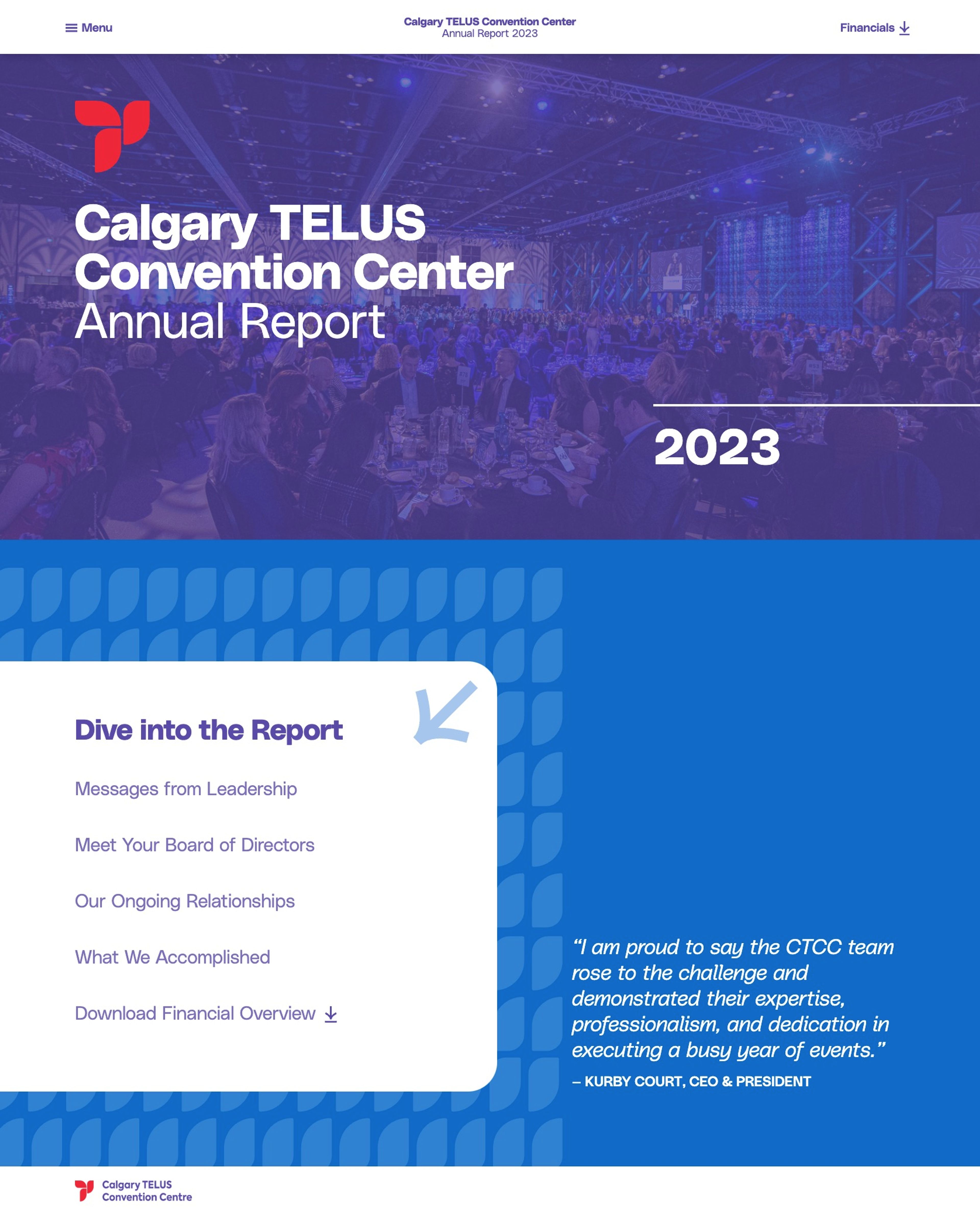 Calgary TELUS Convention Centre Annual Report 2023 homepage showcasing a vibrant event space with navigation options and a message from the CEO.